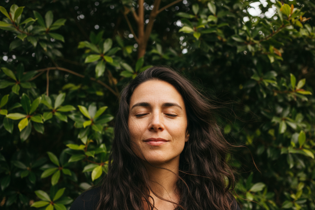 Mujer natural con movimiento sutil y vegetación saturada Pielawén